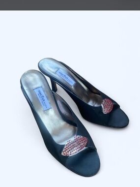 Size 8 Sacha London Black Satin Peep-Toe Heels with Red Crystal Accents